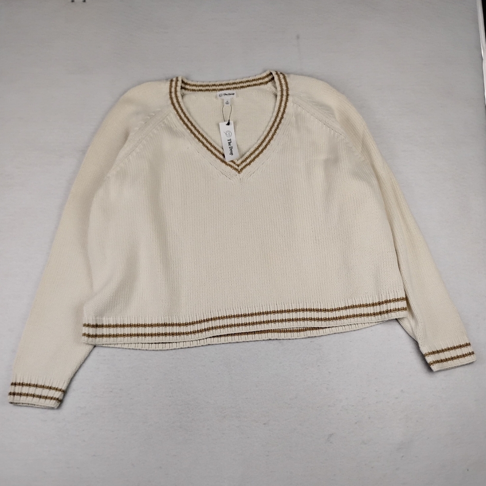 NWT The Drop Chunky Knit V- Neck Sweater In Cream With Tan Stripe Accents 4X - Picture 2 of 7